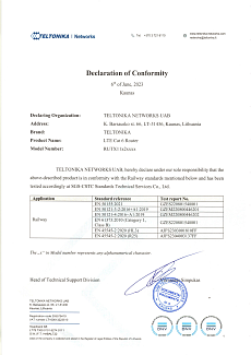 Certificate for Teltonika RUTX11 for Rail Vehicles