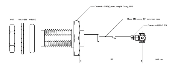 RF cable adaptor U.FL(f) to SMA(f), LP-040, 10 cm, Heat shrink tubing